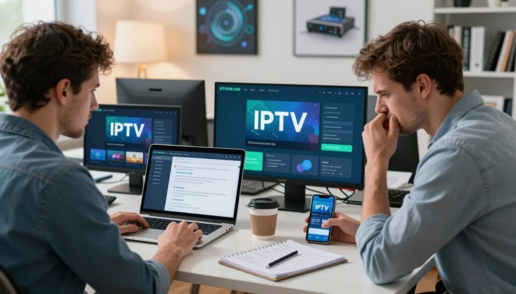 A professional office environment showing a person troubleshooting IPTV issues, seated at a desk with multiple digital devices like a laptop, tablet, and smartphone displaying IPTV interface errors. The foreground features a focused individual in smart casual attire, analyzing the screens with a furrowed brow. In the middle, elements like a notepad with troubleshooting notes and a coffee cup add context. The background showcases a modern office with bright, warm lighting, hanging tech-inspired artwork, and a bookshelf filled with technical manuals on networking and IPTV systems. The atmosphere is tense yet productive, with an overall color palette of soft blues and greens. Include the brand name "IPTVVUK.COM" subtly integrated into one of the screens. A professional office environment showing a person troubleshooting IPTV issues, seated at a desk with multiple digital devices like a laptop, tablet, and smartphone displaying IPTV interface errors. The foreground features a focused individual in smart casual attire, analyzing the screens with a furrowed brow. In the middle, elements like a notepad with troubleshooting notes and a coffee cup add context. The background showcases a modern office with bright, warm lighting, hanging tech-inspired artwork, and a bookshelf filled with technical manuals on networking and IPTV systems. The atmosphere is tense yet productive, with an overall color palette of soft blues and greens. Include the brand name "IPTVVUK.COM" subtly integrated into one of the screens.