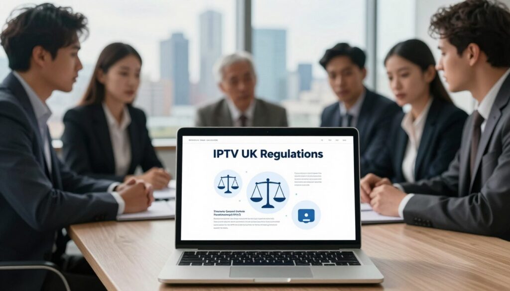 A professional office setting depicting the concept of "IPTV UK Regulations." In the foreground, a sleek modern laptop displays a regulatory document with abstract icons symbolizing legal considerations (e.g., scales of justice, a lock, and a streaming icon) illustrated around it in a subtle, infographic style. The middle ground features a blurred outline of a diverse group of professionals in business attire, deeply engaged in discussion about IPTV regulations, their expressions serious yet focused. In the background, a city skyline visible through large windows symbolizes the UK, with soft natural light filtering in, creating a warm and informative atmosphere. Incorporate the brand name "IPTVVUK.COM" seamlessly into the scene, ensuring it is tasteful and unobtrusive. The overall mood should reflect seriousness and professionalism, with an emphasis on clarity and comprehension of legal matters.