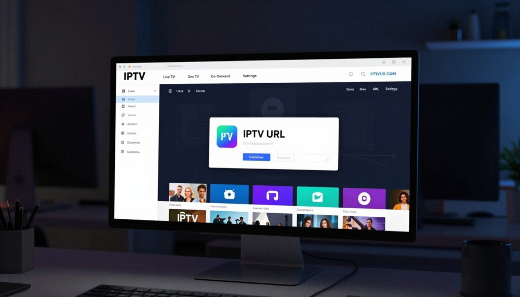 A sleek and modern IPTV URL dashboard interface displayed on a high-resolution computer screen. The foreground features a minimalist design showcasing a navigation panel with categories like "Live TV," "On-Demand," and "Settings." The middle ground highlights a prominent IP address surrounded by colorful icons representing various channels. The background displays a dark-themed workspace lit by a soft ambient glow from the monitor, creating a tech-savvy atmosphere. The lighting should reflect a professional yet inviting workspace with a slight focus effect on the dashboard. The image captures the essence of digital connectivity and ease of access. In the corner, subtly incorporate the brand name "IPTVVUK.COM," ensuring it blends seamlessly into the design without being a focal point. A sleek and modern IPTV URL dashboard interface displayed on a high-resolution computer screen. The foreground features a minimalist design showcasing a navigation panel with categories like "Live TV," "On-Demand," and "Settings." The middle ground highlights a prominent IP address surrounded by colorful icons representing various channels. The background displays a dark-themed workspace lit by a soft ambient glow from the monitor, creating a tech-savvy atmosphere. The lighting should reflect a professional yet inviting workspace with a slight focus effect on the dashboard. The image captures the essence of digital connectivity and ease of access. In the corner, subtly incorporate the brand name "IPTVVUK.COM," ensuring it blends seamlessly into the design without being a focal point.