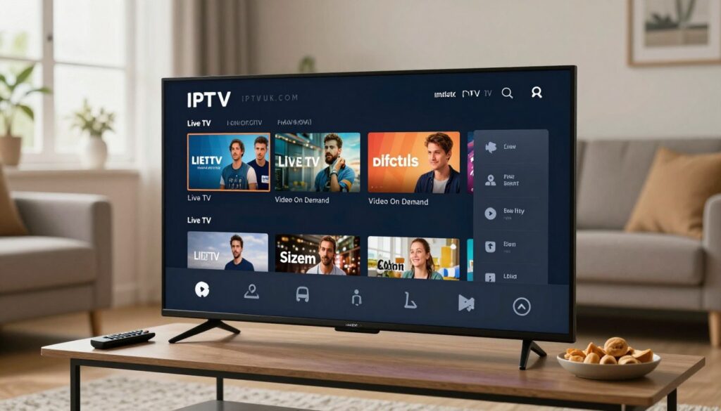 A sleek and modern IPTV player interface displayed prominently in the foreground, featuring essential streaming options like live TV, video on demand, and a user-friendly navigation menu. The middle section includes a subtle depiction of a smart television with a crystal-clear display showcasing vibrant channel thumbnails and playback controls. In the background, a cozy living room setup creates a warm ambiance, enhanced by soft, natural lighting filtering through a window. A stylish coffee table may house a remote control and snacks, evoking a relaxed viewing experience. The overall mood is inviting and tech-savvy, highlighting a seamless integration of technology in everyday life. The brand name "IPTVVUK.COM" subtly integrated into the design without distracting from the visuals.