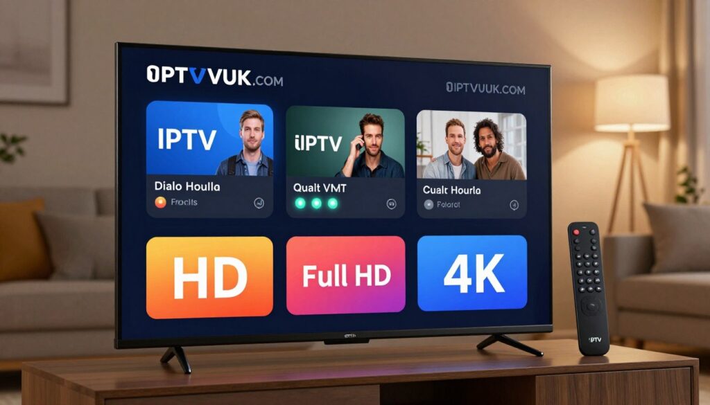 A sleek and modern digital display showcasing various IPTV streaming quality options. In the foreground, large vibrant icons represent different streaming resolutions like HD, Full HD, and 4K. The middle layer features an elegant dashboard interface of a smart TV with a stylish remote control beside it, emphasizing user-friendly navigation. The background depicts a cozy living room environment with soft ambient lighting, creating a warm and inviting atmosphere. Subtle glowing indicators highlight the quality settings, and the logo "IPTVVUK.COM" is tastefully integrated into the design. Capture this scene from a slightly elevated angle to give a comprehensive view, ensuring clarity and focus on the streaming options. The overall mood should be professional yet relaxed, appealing to an audience interested in high-quality entertainment choices.