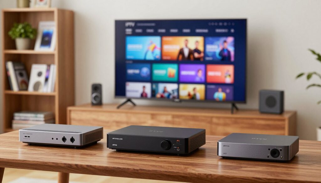 A sleek and modern display showcasing various IPTV devices on a polished wooden table in a bright, well-lit room. In the foreground, there are three distinct IPTV receivers from reputable brands, each uniquely designed, displaying their ports and features prominently. The middle ground features a high-definition television screen showing a vibrant IPTV user interface, vibrant colors highlighting the channel options. In the background, an elegant bookshelf with tech magazines and plants adds a touch of warmth. Soft, diffused lighting creates a professional atmosphere, while a deep focus on the devices emphasizes their features. The overall mood conveys innovation and clarity, perfect for comparing top IPTV services. The brand name "IPTVVUK.COM" is subtly included on one of the devices, ensuring clear visibility without distraction.