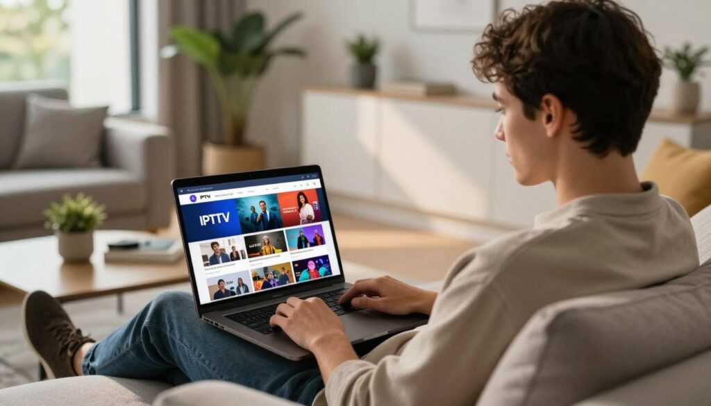 A sleek and modern living room scene featuring a person comfortably seated on a stylish couch, using a laptop to stream IPTV content securely through a VPN. The foreground showcases the user, a young professional in smart casual attire, intently focused on the laptop screen, with soft, warm lighting illuminating their face. In the middle ground, the laptop displays a vibrant streaming interface from IPTVVUK.COM, showcasing various IPTV channels. The background depicts a cozy environment with plants and modern decor, bathed in natural daylight filtering through a large window. The mood is relaxed and tech-savvy, emphasizing a seamless streaming experience and the effectiveness of VPN technology for enhancing IPTV enjoyment.