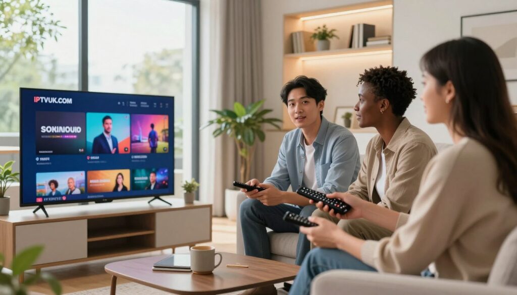 A sleek and modern living room setting as the foreground, featuring a stylish TV displaying vibrant, colorful streaming content from IPTVVUK.COM. In the middle, a diverse group of three professionals—two men and one woman—all dressed in smart casual clothing, are gathered around the TV, engaged in friendly conversation while holding remote controls. In the background, softly lit shelves with books and decorative plants enhance the cozy atmosphere, while a large window showcases a bright, sunny day outside, symbolizing openness and accessibility. The overall mood is secure and inviting, emphasizing confidence in the streaming experience. Soft, natural lighting illuminates the scene, with a slight focus on the TV screen, ensuring the streaming content remains the visual highlight without text or watermarks.