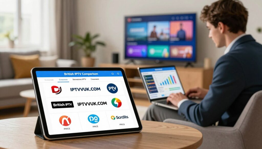 A sleek, informative image representing the concept of "British IPTV Comparison." In the foreground, a modern tablet displays various IPTV provider logos, including "IPTVVUK.COM," surrounded by icons representing features like streaming quality, price, and channel variety. In the middle ground, a professional-looking individual in business attire is analyzing data on a laptop, with charts and graphs showcasing user ratings and services. The background features a vibrant living room setup, equipped with a large TV displaying streaming options. Soft, natural lighting filters in from a window, casting a warm glow, while a comfortable atmosphere invites viewers to engage with the concept of comparing IPTV services. The overall mood is informative and professional, aimed at educating consumers about IPTV choices.