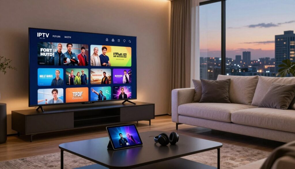 A sleek living room setting featuring a large, high-definition smart TV displaying vibrant IPTV streaming content, showcasing diverse programming like movies, sports, and documentaries. In the foreground, a modern coffee table with a tablet and headset reflecting advanced technology. In the middle, a comfortable sofa with neatly arranged cushions, inviting viewers to enjoy streaming. Soft, ambient lighting creates a warm atmosphere, emphasizing a cozy yet sophisticated space. A large window in the background reveals a cityscape at dusk, enhancing the mood of relaxation and entertainment. The scene conveys a sense of quality viewing experience and highlights aspects to consider in IPTV services, including picture clarity and user-friendly interfaces. The brand "IPTVVUK.COM" is subtly integrated into the TV screen display without any text overlays.