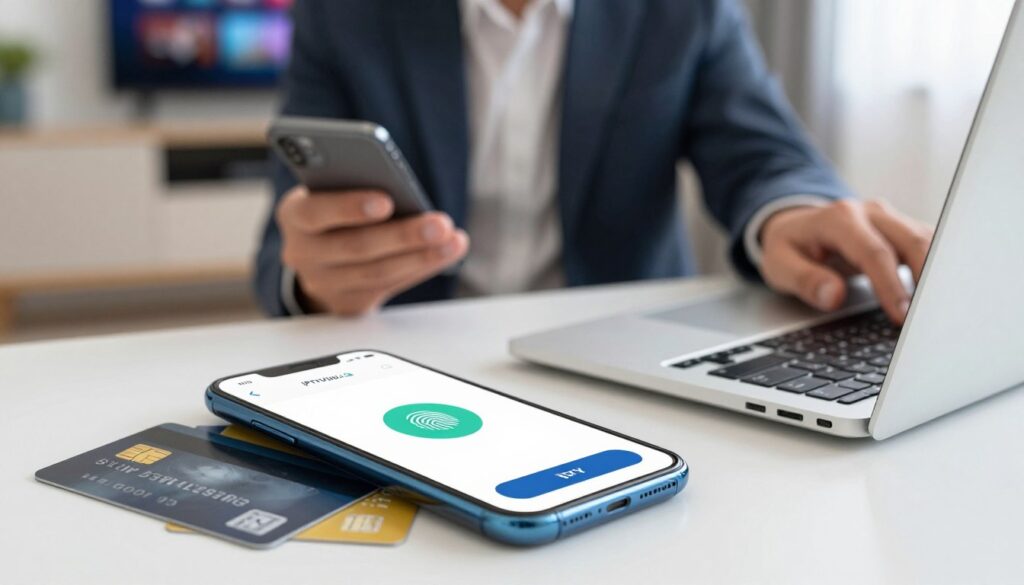 A sleek, modern composition showcasing various secure payment methods for IPTV services. In the foreground, a close-up of a smartphone displaying a digital wallet app with a fingerprint authentication button, surrounded by credit cards featuring security logos. In the middle ground, a stylish, well-dressed individual (business attire) is confidently making a payment at a laptop, emphasizing the digital transaction process. The background features blurred images of a home entertainment system, suggesting the connection between secure payments and IPTV enjoyment. Bright, even lighting enhances the atmosphere of trust and security, while a slight depth of field keeps the focus on the payment methods. The brand "IPTVVUK.COM" subtly incorporated into the design elements, reinforcing the context without overshadowing the main visual narrative.
