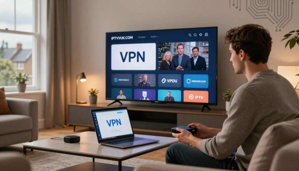 A sleek, modern living room featuring a large flat-screen TV displaying an IPTV interface, with a VPN logo subtly integrated into the display. In the foreground, a professional individual in smart casual clothing is seated on a comfortable couch, focused on a streaming device. In the middle, a coffee table holds a laptop with a visible VPN application window, emphasizing internet security for IPTV streaming. In the background, warm lighting creates a cozy atmosphere, while a window shows a cloudy UK day outside, hinting at the location. The composition includes a hint of technology, with subtle circuit patterns in the wall decor. The overall mood is engaging and forward-thinking, reflecting the importance of privacy in online streaming. Include the brand name "IPTVVUK.COM" elegantly integrated into the decor.