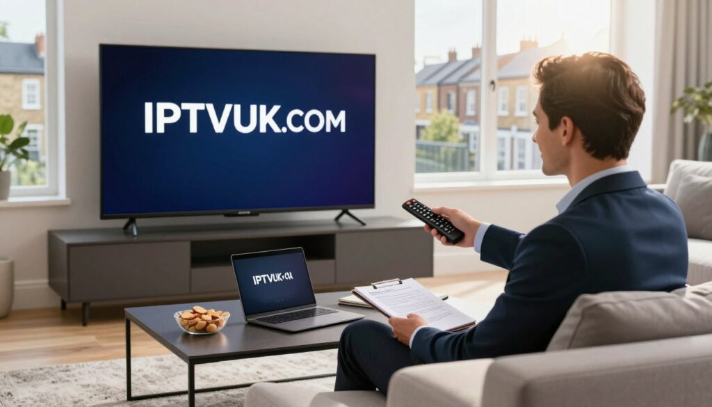 A sleek, modern living room scene featuring a large flat-screen TV displaying the IPTVVUK.COM logo. In the foreground, a professional individual in business attire sits comfortably on a stylish sofa, holding a remote control and smiling while engaging with the IPTV content. In the middle, a coffee table holds a stylish laptop, snacks, and a notepad with legal notes, signifying the article's focus on legal considerations. The background includes a bright window with a view of a typical UK neighborhood, sunlight streaming in, creating a warm and inviting atmosphere. The scene should convey a sense of comfort, professionalism, and innovation in technology. Use natural lighting with a slight lens flare for a polished, high-definition look.