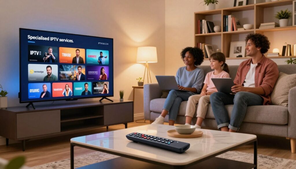 A sleek, modern living room setting showcasing "Specialised IPTV services." In the foreground, a high-end flat-screen TV displays a vibrant image of various streaming channels, alluding to diverse viewing preferences. A stylish remote lies on an elegant coffee table, indicating user-friendly navigation. In the middle ground, a family of three sits comfortably on a contemporary sofa, dressed in smart casual attire, deeply engaged in their choice of programming, showcasing varied interests. The background features a cozy ambiance with soft, warm lighting that enhances a relaxed atmosphere, while a decorative bookshelf reveals multiple genres of entertainment. The scene subtly incorporates the brand name "IPTVVUK.COM" through tasteful decor elements, ensuring a seamless integration into the overall design. The angle captures a dynamic, inviting perspective that emphasizes the breadth of IPTV options available.