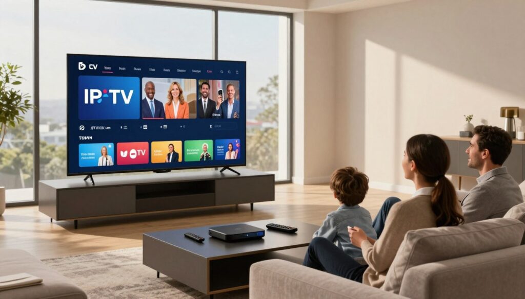 A sleek, modern living room setting with a large flat-screen television displaying a vibrant IPTV streaming interface. In the foreground, a stylish coffee table holds a few streaming devices and remote controls, while a comfortable sofa invites relaxation. The middle layer captures a family of three – dressed in professional business attire – joyfully engaging with the TV, showcasing a sense of community around IPTV streaming. In the background, large windows let in natural light, enhancing the warm atmosphere of the room. Soft shadows play across the walls, creating depth. The overall mood is inviting and modern, reflecting the key features of an advanced IPTV service, with a logo for "IPTVVUK.COM" subtly featured on the screen.