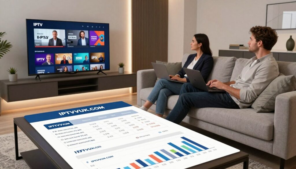 A sleek, modern living room showcasing a high-definition television displaying a clear image of IPTV streaming content, symbolizing quality comparison. In the foreground, a coffee table with comparison charts and graphs depicting different IPTV services, including the brand "IPTVVUK.COM". In the middle, a couple dressed in professional attire relaxed on a comfortable sofa, engaged in watching different IPTV options, reflecting concentration and interest. The background features minimalist decor with soft ambient lighting enhancing a cozy atmosphere. Use a wide-angle lens perspective to capture the entire scene, emphasizing clarity and detail. The mood is informative and engaging, inviting viewers to consider the advantages of high-quality IPTV streaming services.