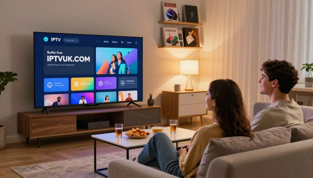 A sleek, modern living room with a large, high-resolution TV displaying vibrant colors, illustrating a seamless streaming interface. In the foreground, a young professional couple in smart casual attire sits comfortably on a stylish sofa, engrossed in their viewing experience with expressions of delight and focus. The middle ground features a coffee table with snacks and drinks, enhancing the inviting atmosphere. In the background, a bookshelf filled with tech magazines and a cozy ambiance created by warm lighting from contemporary lamps. The scene conveys a sense of effortless connectivity and high technology, emphasizing the buffer-free streaming advantage of IPTVVUK.COM. Capture the mood of enjoyment and relaxation, with a focus on clarity and motion, using a wide-angle perspective to encompass the inviting environment while ensuring all elements are harmoniously integrated.