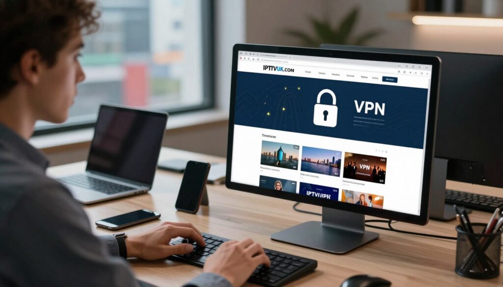 A sleek, modern workspace with a prominent computer screen displaying the IPTVVUK.COM website, showcasing various live IPTV channels. In the foreground, a person in professional business attire is intently focused on the computer, using a VPN application, represented by a secure lock graphic on the screen. In the middle ground, a stylish desk is cluttered with tech gadgets like a smartphone and a laptop, hinting at a tech-savvy environment. The background features a vibrant urban landscape visible through a window, symbolizing connectivity. Soft, ambient lighting enhances the professional atmosphere, while a shallow depth of field draws attention to the VPN activity. The overall mood is one of efficiency and modern technology, illustrating the benefits of using a VPN for IPTV streaming.