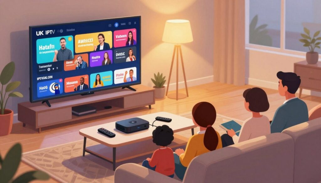 A vibrant and informative illustration showing the benefits of UK IPTV services. In the foreground, a modern living room setting featuring a sleek smart TV displaying a colorful array of channels and on-demand options, symbolizing variety and accessibility. A family of four in professional business attire, sitting comfortably on the couch, enjoying their favorite programs, representing diverse demographics. In the middle ground, a stylish coffee table with streaming devices and remote controls, indicating ease of use. The background showcases a cozy ambiance with soft lighting, enhancing the warm, inviting atmosphere. Use a slightly elevated angle to give a bird's-eye view of the scene. The color palette should be inviting, with warm tones and dynamic contrast. Incorporate the brand name "IPTVVUK.COM" subtly in the setting, without text overlays.
