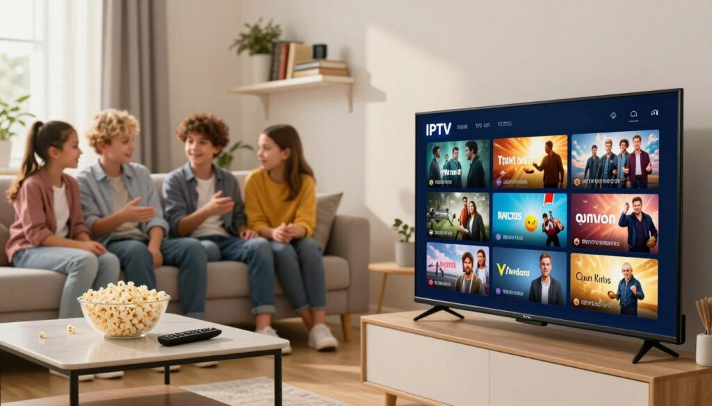 A vibrant living room scene showcasing the benefits of IPTV. In the foreground, a sleek smart TV displays a colorful grid of various IPTV content options like movies, sports, news, and documentaries, radiating energy. To the left, a stylish coffee table holds a remote and a bowl of popcorn, inviting viewers to settle in for entertainment. In the middle ground, a family of four, dressed in casual yet professional attire, sits comfortably on a modern sofa, engaged in a lively discussion. The room is well-lit with warm, soft lighting, creating an inviting atmosphere. In the background, a shelf adorned with books and decor complements the space, emphasizing a cozy home environment. The brand name "IPTVVUK.COM" subtly appears in the scene, enhancing the focus on IPTV's diverse offerings.
