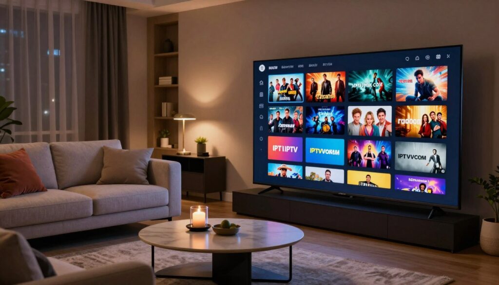 A visually appealing IPTV content library display, filled with vibrant, colorful thumbnails of various movies and TV shows. In the foreground, a sleek, modern user interface on a large flat-screen TV, showcasing a selection of genres like action, comedy, drama, and documentaries. In the middle, a cozy living room setting with a comfortable sofa arranged for viewing, soft cushions, and a stylish coffee table. The background features dimmed ambient lighting, creating an inviting atmosphere for streaming. A digital logo "IPTVVUK.COM" subtly integrated into the user's interface. The image conveys a feeling of excitement and exploration, emphasizing the vast variety of content available during a free IPTV trial. Use warm, soft lighting to enhance the comfort and enjoyment of the viewing experience, captured from a slightly elevated angle, emphasizing the engaging display on the screen.