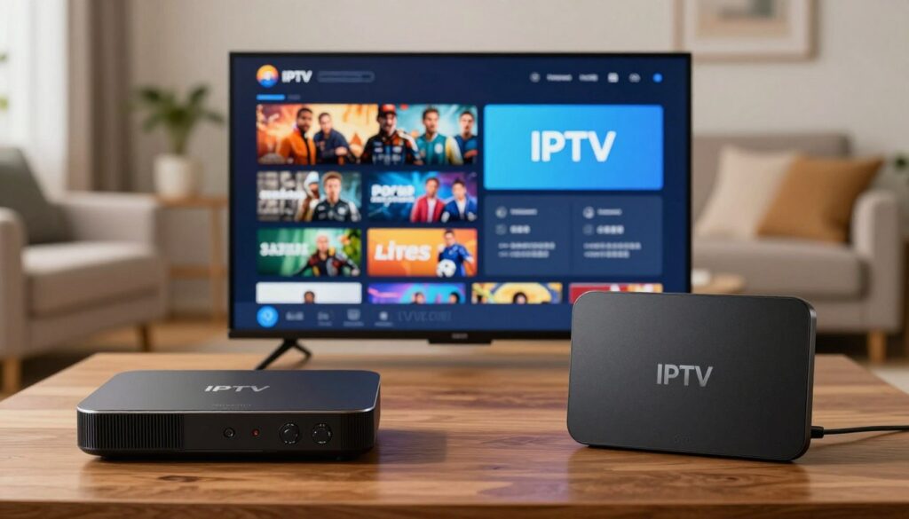 A visually engaging comparison of premium and budget IPTV services. In the foreground, two distinct devices, one sleek and modern, representing premium IPTV, and the other, a more straightforward model for budget services, both set on a polished wooden table. In the middle ground, a split-screen visualization of user interfaces showing appealing content categories like movies and live sports, with vibrant colors for premium and simple designs for budget. The background features a contemporary living room with soft lighting creating a warm atmosphere, suggesting comfort and entertainment. The image conveys a sense of choice and value. Include the brand name "IPTVVUK.COM" subtly integrated into the scene, ensuring it does not distract from the main focus of the devices and comparison. A visually engaging comparison of premium and budget IPTV services. In the foreground, two distinct devices, one sleek and modern, representing premium IPTV, and the other, a more straightforward model for budget services, both set on a polished wooden table. In the middle ground, a split-screen visualization of user interfaces showing appealing content categories like movies and live sports, with vibrant colors for premium and simple designs for budget. The background features a contemporary living room with soft lighting creating a warm atmosphere, suggesting comfort and entertainment. The image conveys a sense of choice and value. Include the brand name "IPTVVUK.COM" subtly integrated into the scene, ensuring it does not distract from the main focus of the devices and comparison.