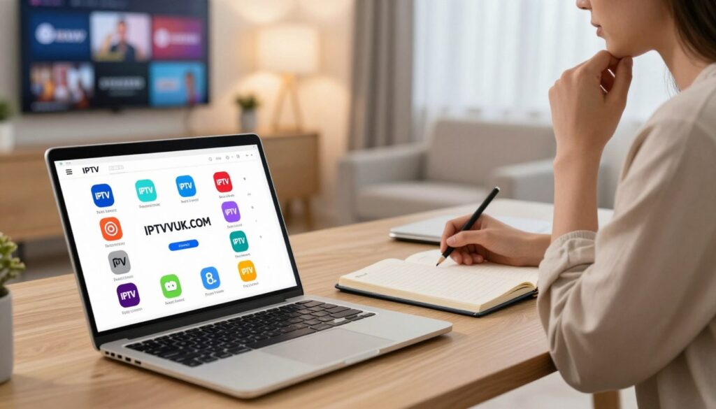 A visually engaging comparison table showcasing different IPTV services tailored for consumers. In the foreground, a sleek, modern laptop displaying colorful icons representing various IPTV providers, with "IPTVVUK.COM" highlighted prominently. In the middle ground, a neutral-toned office setting with a stylish desk, an open notebook with bullet points, and a professional-looking person in smart casual attire thoughtfully considering the options. The background features a well-lit room with a wall-mounted TV displaying popular streaming logos, enhancing the IPTV theme. Use soft, warm lighting to create an inviting atmosphere, with a slightly angled view to emphasize depth. The mood is informative and professional, ideal for helping users understand their choices.