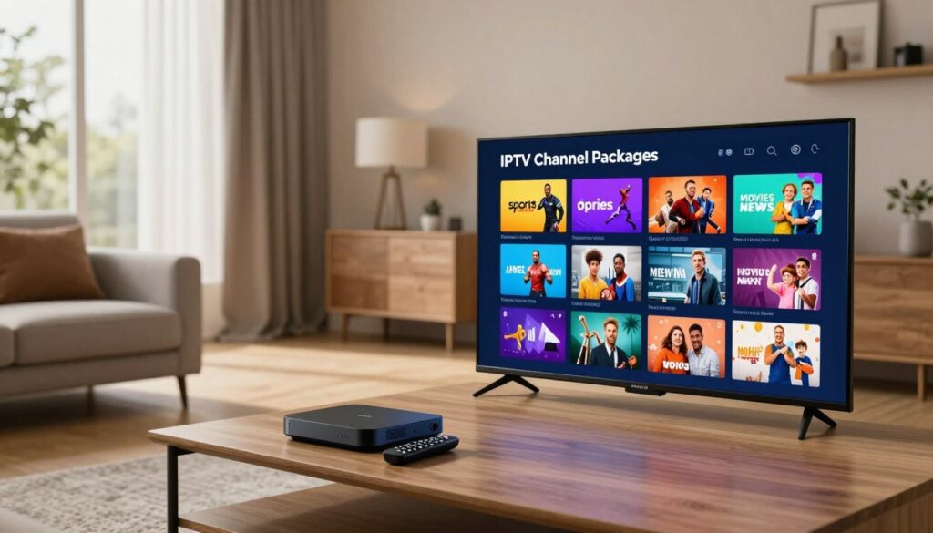 A visually engaging digital display of "IPTV Channel Packages" featuring an array of vibrant channel icons representing various genres such as sports, movies, news, and family entertainment. In the foreground, showcase a sleek modern television screen displaying a colorful IPTV interface with menus and thumbnails of popular shows. In the middle ground, depict a stylish coffee table with a remote control and a sleek streaming device, suggesting a cozy living room environment. The background features a contemporary living room setup with comfortable furniture and warm lighting, creating an inviting atmosphere. Use soft natural light coming from a window, captured with a wide-angle lens to emphasize the spacious feel. The overall mood should be dynamic yet welcoming, emphasizing the diversity of content options available. Include the brand name "IPTVVUK.COM" subtly integrated into the IPTV interface design.
