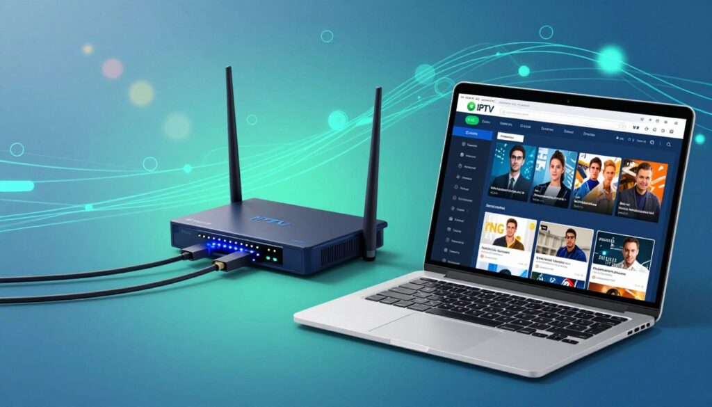 A visually engaging illustration depicting the technical requirements for IPTV, emphasizing networking and streaming technology. In the foreground, a sleek laptop with a vivid screen displaying IPTV interface elements like channel listings and streaming options. In the middle ground, a modern router with blinking lights, symbolizing internet connectivity, alongside various cables and an HDMI connection. The background should feature an abstract representation of digital data streams and cloud networks, blended with light in blue and green hues to evoke a tech-savvy atmosphere. Soft, diffused lighting with a slight lens flare adds professionalism, while maintaining a cool, modern ambiance. The brand "IPTVVUK.COM" is subtly integrated into the design, highlighting its relevance to the technical aspects of IPTV.