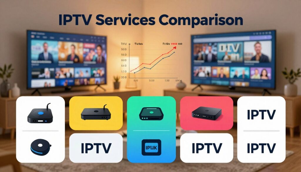 A visually engaging infographic illustrating an "IPTV Services Comparison" for the UK market. In the foreground, include stylized icons representing various IPTV services, like streaming boxes and logos, arranged in a visually appealing grid. In the middle, use vibrant color coding to differentiate each service, highlighting features like channel variety, pricing, and user ratings, with a line graph showcasing trends over time. In the background, add a soft-focus image of a living room setting with a television displaying IPTV content, creating a cozy atmosphere. Use warm, inviting lighting to enhance the mood. Incorporate the brand name "IPTVVUK.COM" subtly in the design, ensuring it fits harmoniously. The overall look should be modern, clean, and professional, with no text overlays or clutter, suitable for a tech-savvy audience.