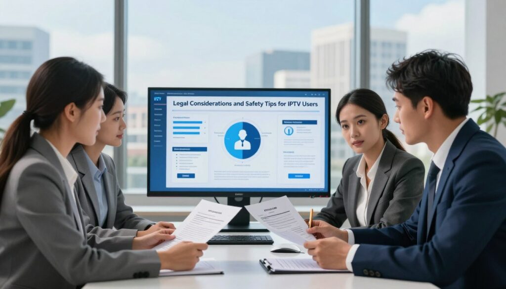 A visually engaging scene depicting "Legal Considerations and Safety Tips for IPTV Users". In the foreground, a diverse group of three professionals, dressed in smart business attire, are gathered around a modern table, discussing and examining legal documents and contracts related to IPTV. In the middle ground, a large screen displays data analytics and legal icons, symbolizing compliance. In the background, an urban setting is visible through a large window, with a bright, clear sky creating an optimistic atmosphere. Soft, natural lighting enhances the professionalism of the scene, while a slight depth of field emphasizes the focus on the professionals. The scene represents responsibility, safety, and diligence in IPTV usage. Brand name "IPTVVUK.COM" subtly integrated into the design elements, ensuring a cohesive look without being intrusive.