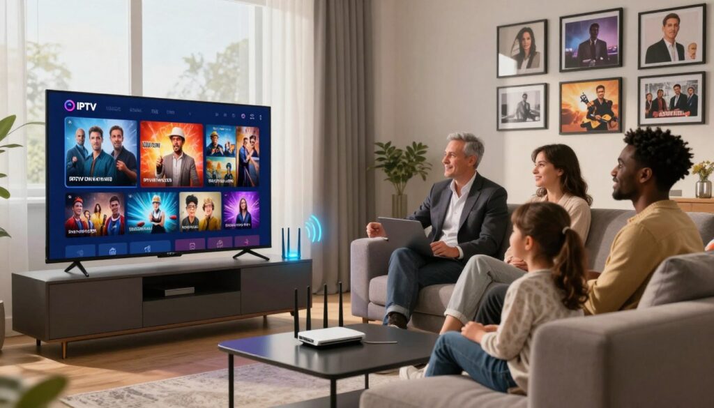 A visually striking composition illustrating IPTV service reliability. In the foreground, a modern living room with a sleek flat-screen TV displaying vibrant content, symbolizing seamless streaming. A diverse family, dressed in professional attire, sits comfortably on a stylish sofa, happily enjoying their viewing experience. In the middle ground, a Wi-Fi router glows softly, indicating strong connection signals. The background features a wall adorned with framed images of popular television shows and movies, creating a warm, inviting atmosphere. Soft, natural lighting cascades through a large window, enhancing the scene’s calm mood. The overall vibe conveys trust and satisfaction, with the text "IPTVVUK.COM" subtly integrated into the artwork for branding.