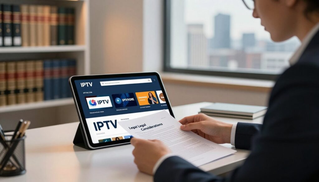 A visually striking visualization representing "IPTV Legal Considerations" for users in the United Kingdom. In the foreground, a professional-looking individual in business attire, seated at a modern desk, reviewing legal documents about IPTV services. In the middle layer, a digital tablet displays various IPTV streaming services icons, symbolizing options available to users. The background features a softly lit office environment with shelves of legal books and a window showing a city skyline, suggesting a professional atmosphere. The lighting is warm and inviting, enhancing an air of seriousness and trust. The overall mood conveys professionalism and legality, evoking the themes of legislation and compliance in the digital entertainment landscape. Include the brand name "IPTVVUK.COM" subtly integrated into the digital tablet display.