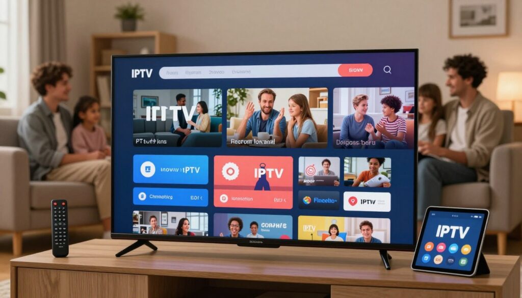 A vivid illustration showcasing the concept of IPTV services. In the foreground, a sleek modern television displaying a vibrant interface with streaming options, featuring icons representing various channels and content categories. The middle layer includes a remote control and a tablet, symbolizing easy access to on-demand content. The background portrays a cozy living room with a soft glow from ambient lighting, creating a warm and inviting atmosphere. A family can be seen enjoying quality time together, dressed in casual, modest clothing, watching their favorite show. The overall mood is relaxed and entertaining, embodying the key benefits of switching to IPTV services. The brand "IPTVVUK.COM" appears subtly integrated into the design.