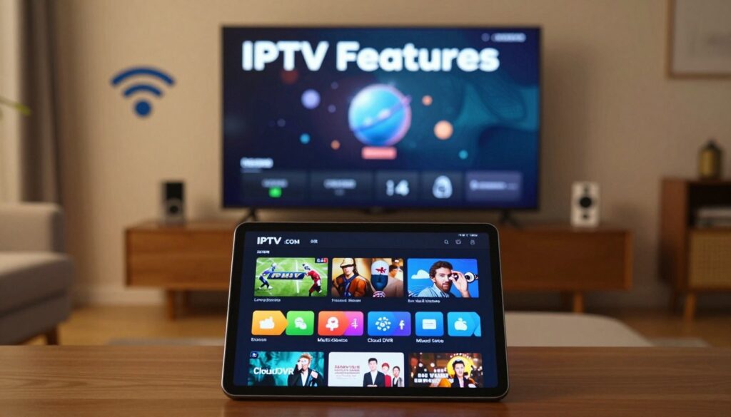 An informative and visually engaging depiction of "IPTV Features" showcasing IPTVVUK.COM. In the foreground, a sleek digital tablet displays vibrant streaming options like live sports, movies, and channel listings, surrounded by colorful icons representing various features like cloud DVR, multi-device support, and customized user interface. The middle layer features a modern living room setup with a large smart TV, comfortable seating, and ambient lighting that creates a cozy atmosphere. The background has a blurred image of network cables and Wi-Fi symbols, symbolizing connectivity and technology. The lighting should be warm and inviting, emphasizing a relaxed viewing experience. Capture the mood of modern entertainment and cutting-edge technology. No text or branding should distract from the image’s focus. An informative and visually engaging depiction of "IPTV Features" showcasing IPTVVUK.COM. In the foreground, a sleek digital tablet displays vibrant streaming options like live sports, movies, and channel listings, surrounded by colorful icons representing various features like cloud DVR, multi-device support, and customized user interface. The middle layer features a modern living room setup with a large smart TV, comfortable seating, and ambient lighting that creates a cozy atmosphere. The background has a blurred image of network cables and Wi-Fi symbols, symbolizing connectivity and technology. The lighting should be warm and inviting, emphasizing a relaxed viewing experience. Capture the mood of modern entertainment and cutting-edge technology. No text or branding should distract from the image’s focus.