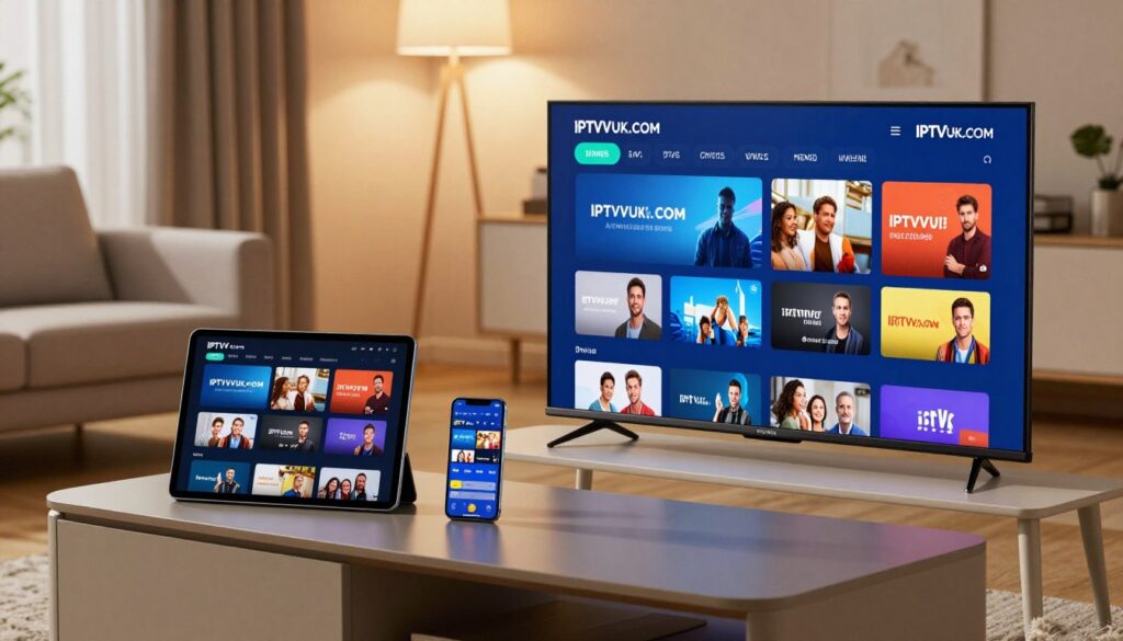 An organized and modern living room setup showcasing IPTV services on various devices, including a sleek Smart TV, a tablet, and a smartphone, all displaying the IPTVVUK.COM interface. In the foreground, the Smart TV is prominently featured, with vivid colors and detailed streaming content visible. The middle ground includes the tablet placed on a stylish coffee table, with a streaming app open, while the smartphone stands next to it, showcasing a different channel. The background is a comfortable living space, with soft ambient lighting creating a cozy atmosphere. A well-lit room, shot from a slightly elevated angle to encompass all devices clearly, emphasizing the integration of technology into everyday life. No people are present to keep the focus on the devices.