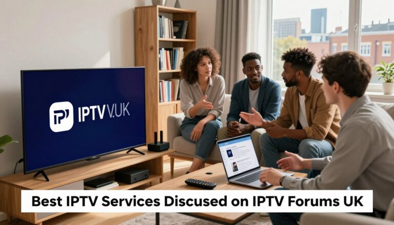 Create a visually engaging image representing "IPTV Services UK" for an article section titled "Best IPTV Services Discussed on IPTV Forums UK." In the foreground, depict a modern living room with a sleek television showcasing the IPTVVUK.COM logo prominently on the screen. Surround the TV with a variety of streaming devices and remote controls. In the middle ground, illustrate a diverse group of three professionals, dressed in smart casual attire, eagerly discussing IPTV services, with a laptop open on the coffee table displaying IPTV forum discussions. In the background, add bookshelves filled with tech-related literature and a window showing a vibrant UK cityscape. Use warm natural lighting to create an inviting atmosphere, captured from a slightly elevated angle to give depth. Emphasize a sense of community and engagement among the users.