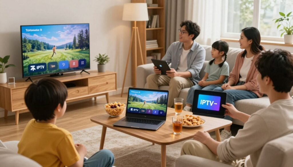 Create an image depicting a family watching their favourite movies and TV shows on different devices using TiVistation's IPTV service.