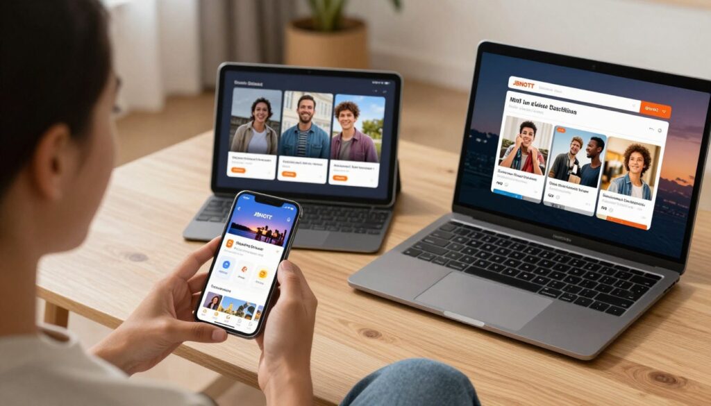 Create an image of a person happily watching TV on multiple devices with different JBNOTT subscription plans displayed