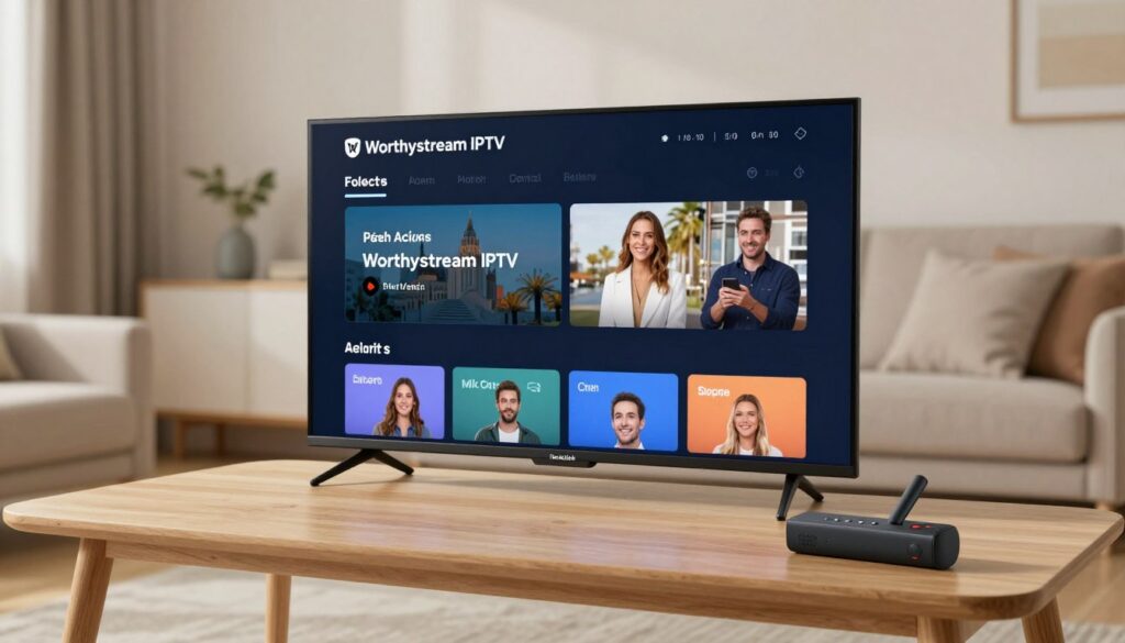 Generate an image depicting the Worthystream IPTV service on a Firestick.