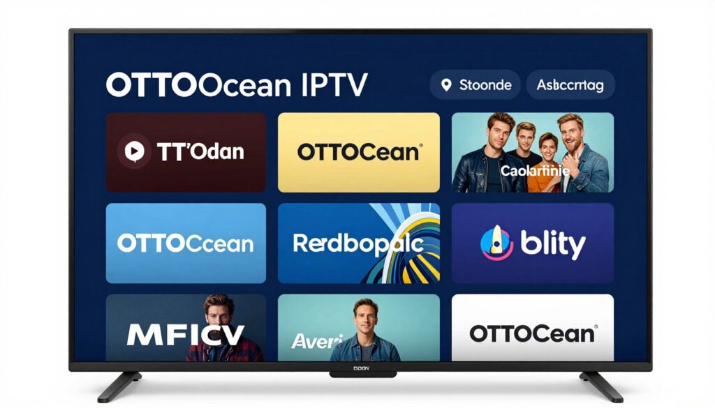 Generate an image illustrating the OTTOcean IPTV subscription service, highlighting its key features such as a wide channel selection and advanced streaming technology.