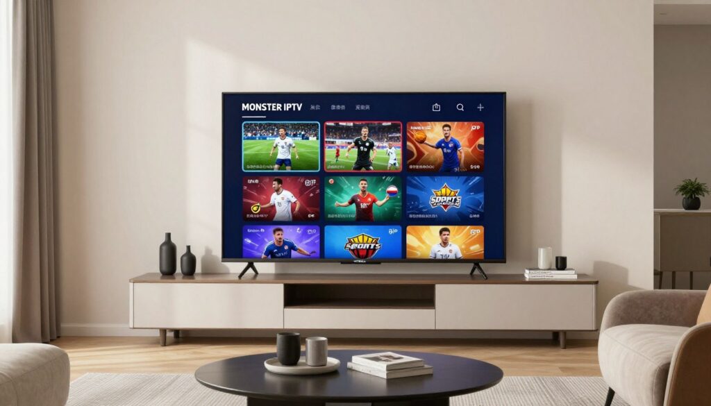 Generate an image of Monster IPTV's sports channel lineup on a TV screen