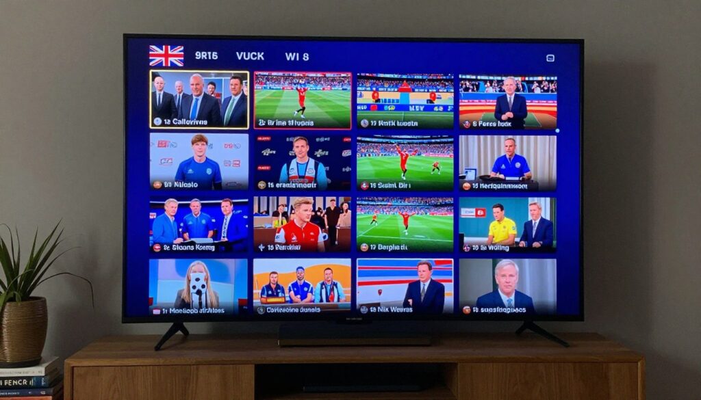 Generate an image of a British TV screen showing various channels and sports events.