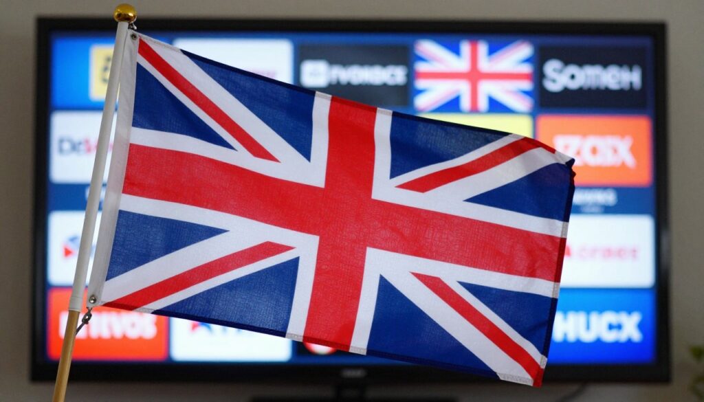 Generate an image of a British flag waving in the wind, with a TV screen in the background displaying various UK channels.