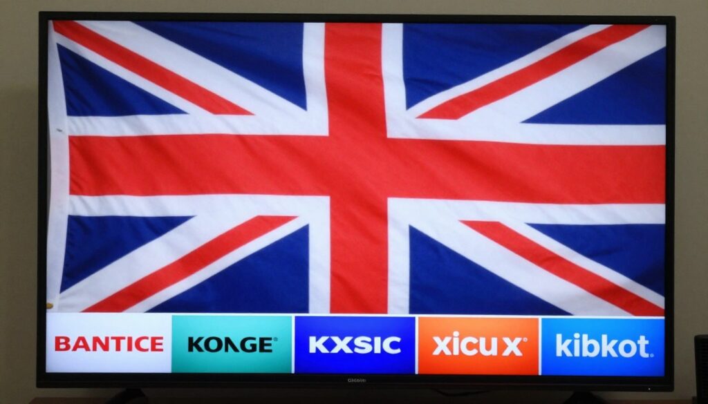 Generate an image of a British flag waving with a TV screen in the foreground displaying various UK channels.