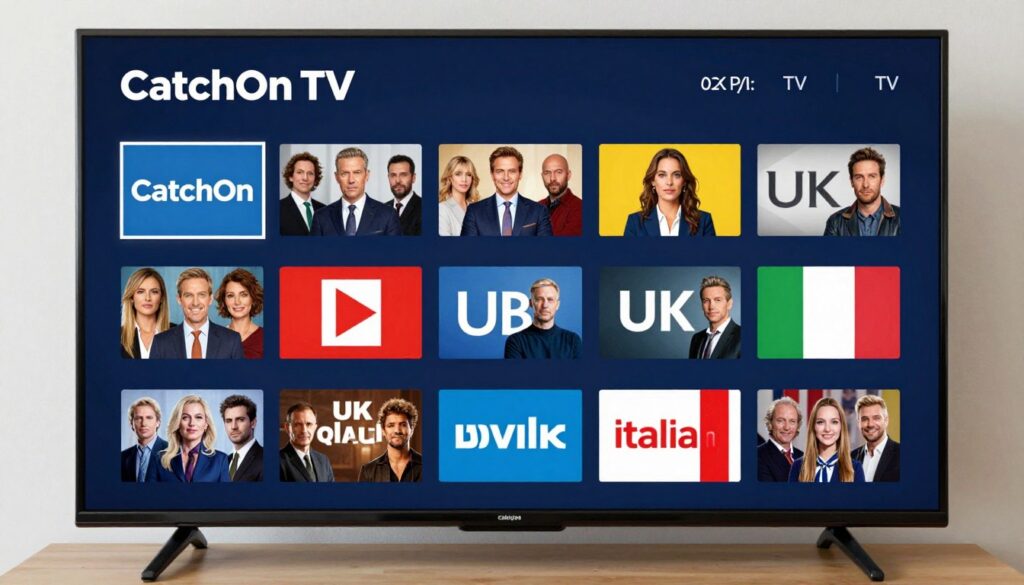 Generate an image of a TV screen displaying CatchOn TV's channel lineup, featuring a mix of UK and Italian channels.