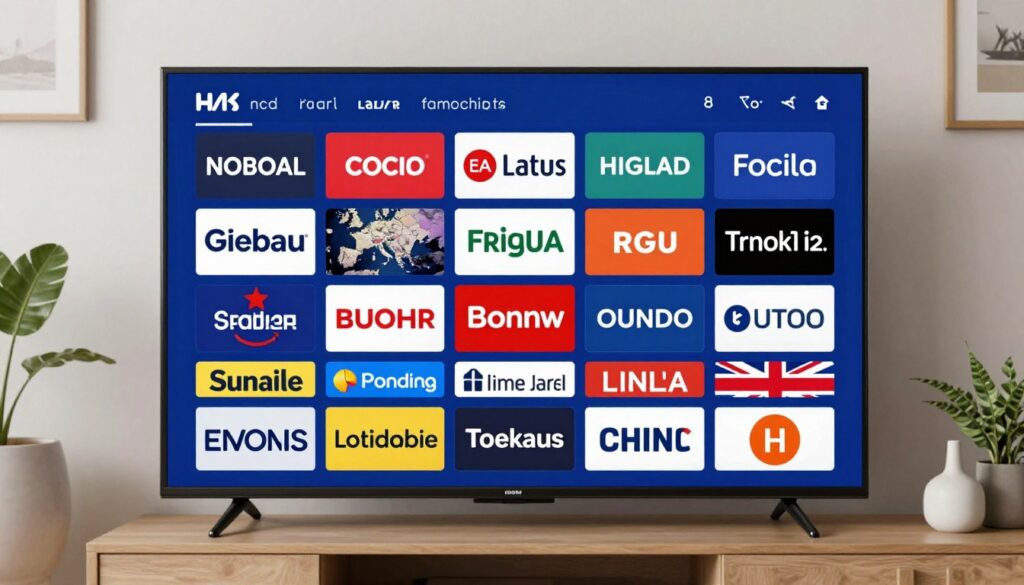 Generate an image of a TV screen displaying multiple channels from different European countries alongside UK channels.