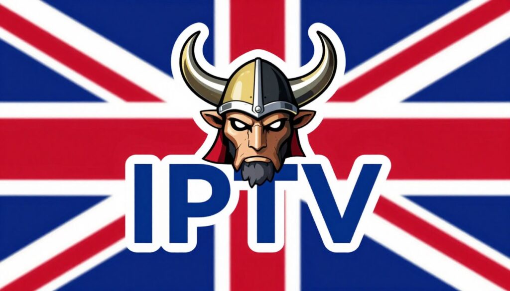 Generate an image of a Viking IPTV logo with a UK flag in the background.