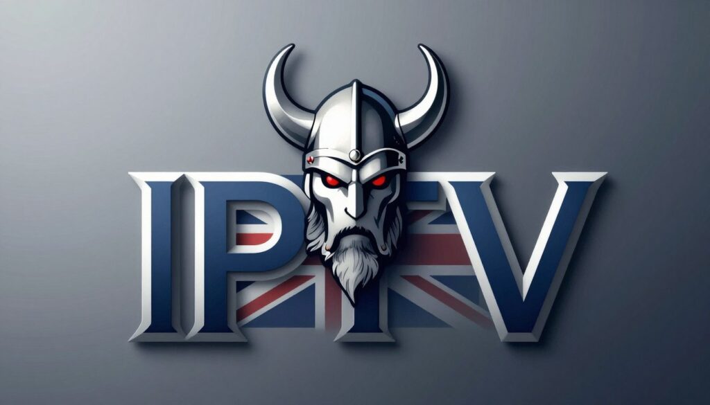 Generate an image of a Viking-themed IPTV logo with a subtle UK flag incorporated into the design.
