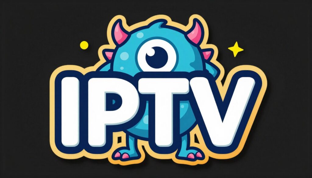 Generate an image of a bold, eye-catching IPTV logo with a "monster" theme.
