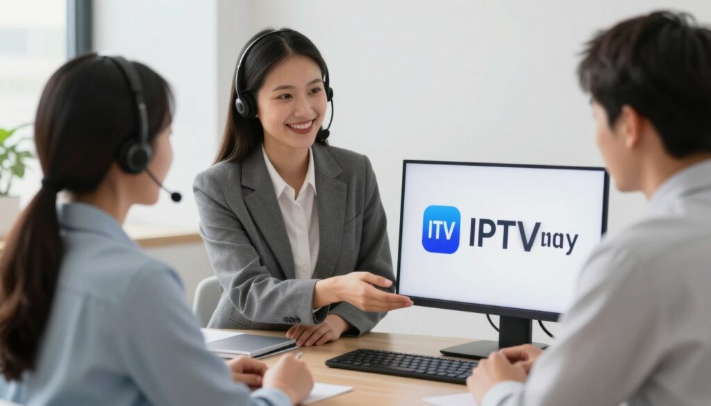 Generate an image of a customer support representative assisting a client with IPTV Harmony services.