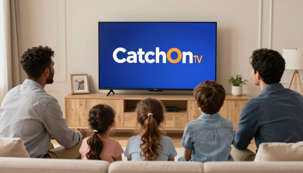 Generate an image of a diverse family watching European channels on their TV with CatchOn TV logo