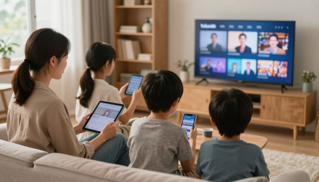 Generate an image of a family watching different channels on various devices using Tellystudio.