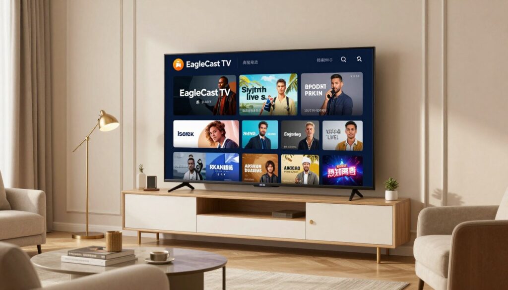 Generate an image of a modern living room with a large screen TV displaying various channels and on-demand content through EagleCast TV.